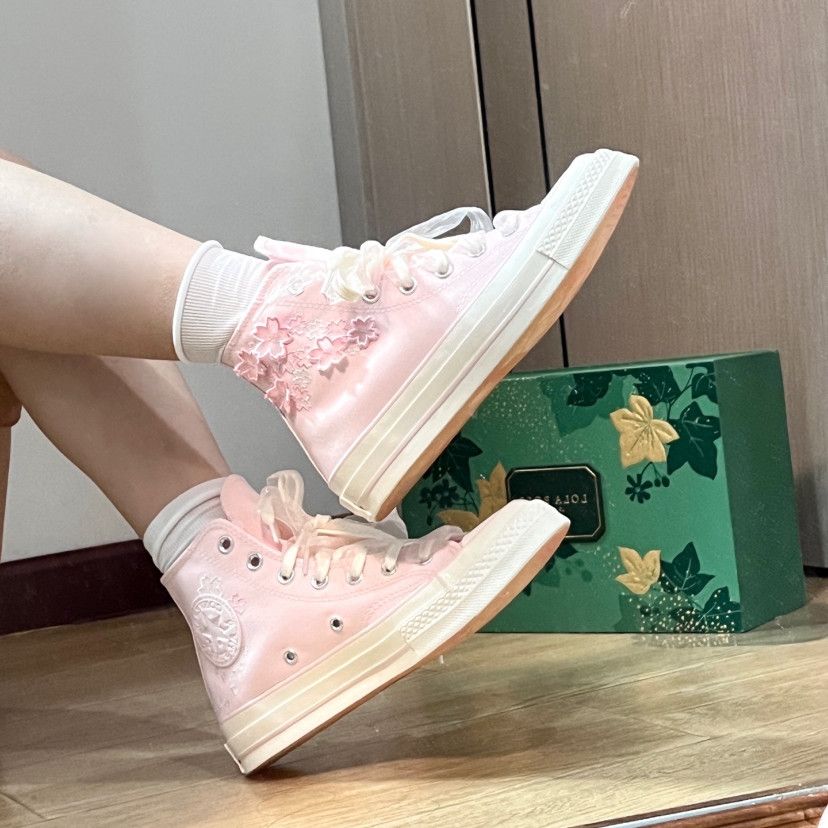 Embroidery Lace - Womens Embroidery Canvas Sneakers Cherry Pink,