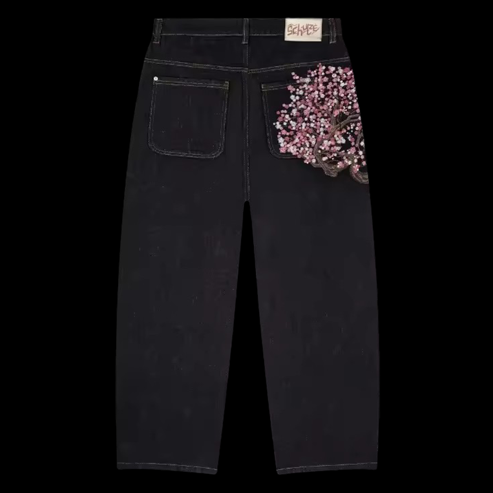 Embroidery Jeans Sakura - Y2K Mens Womens Harajuku Hip Hop