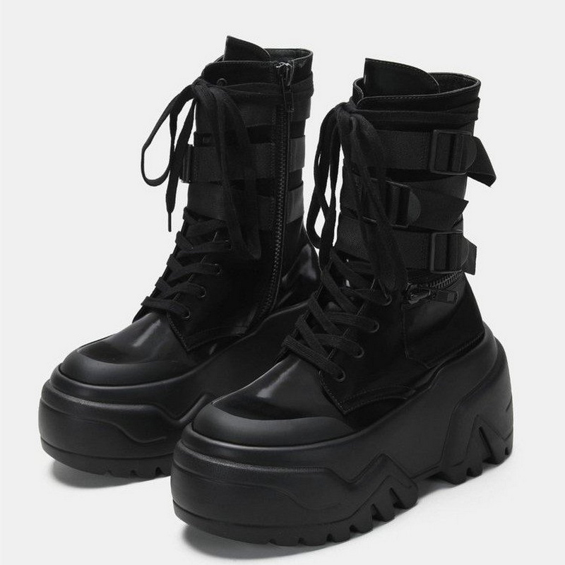 Embroidery White - Hot Fashion Women Chunky Platform Motorcycle