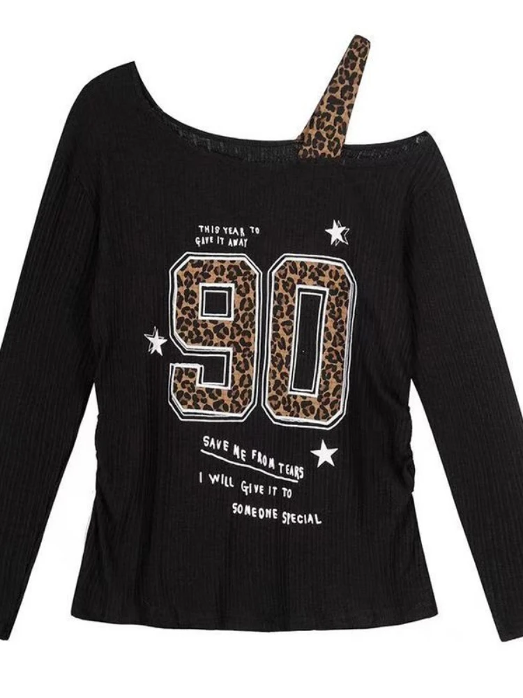 Embroidery Shirt - Y2K Patchwork Leopard Print T-Shirt Women