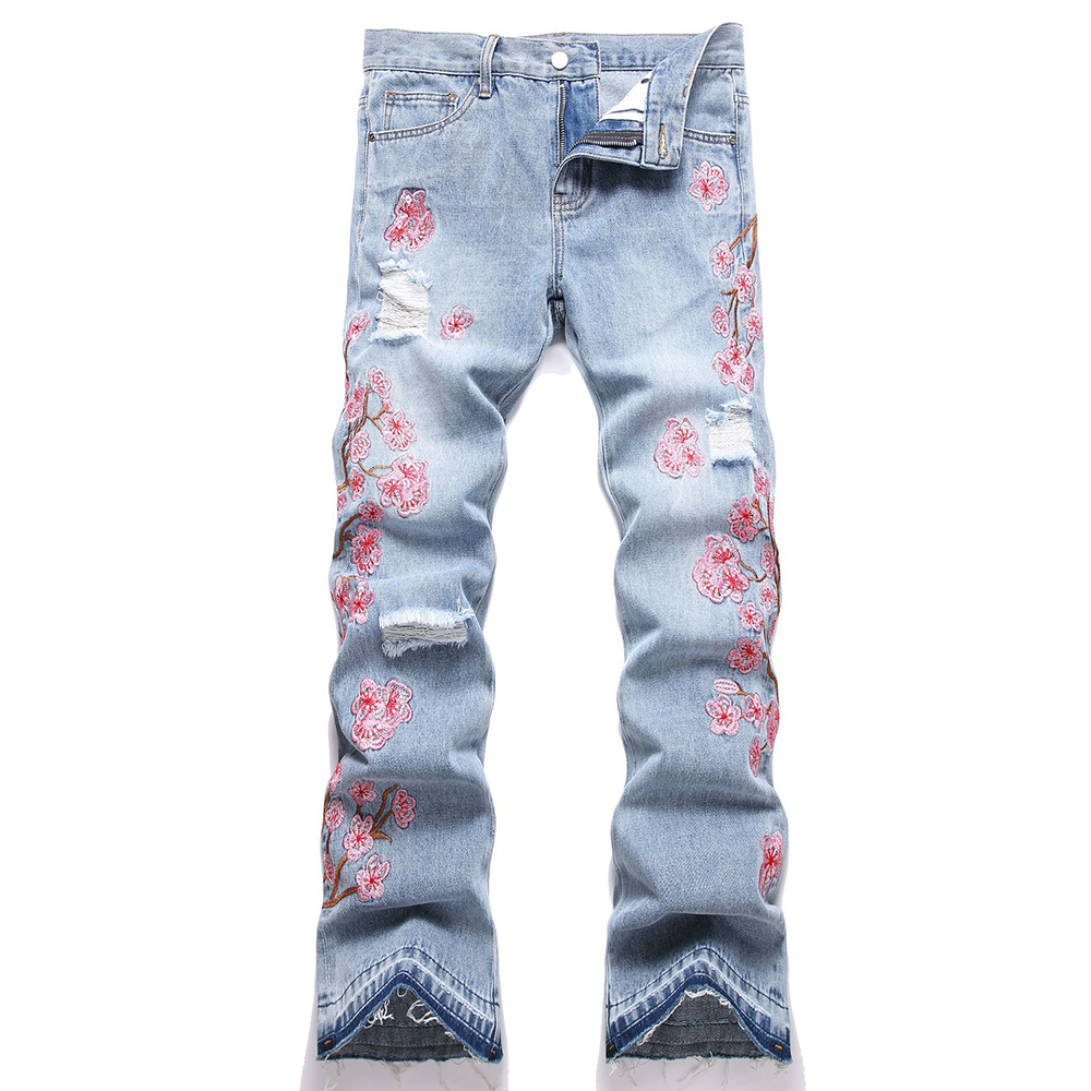 Embroidery Jeans Sakura - Men Flower Embroidery Denim Jeans Streetwear