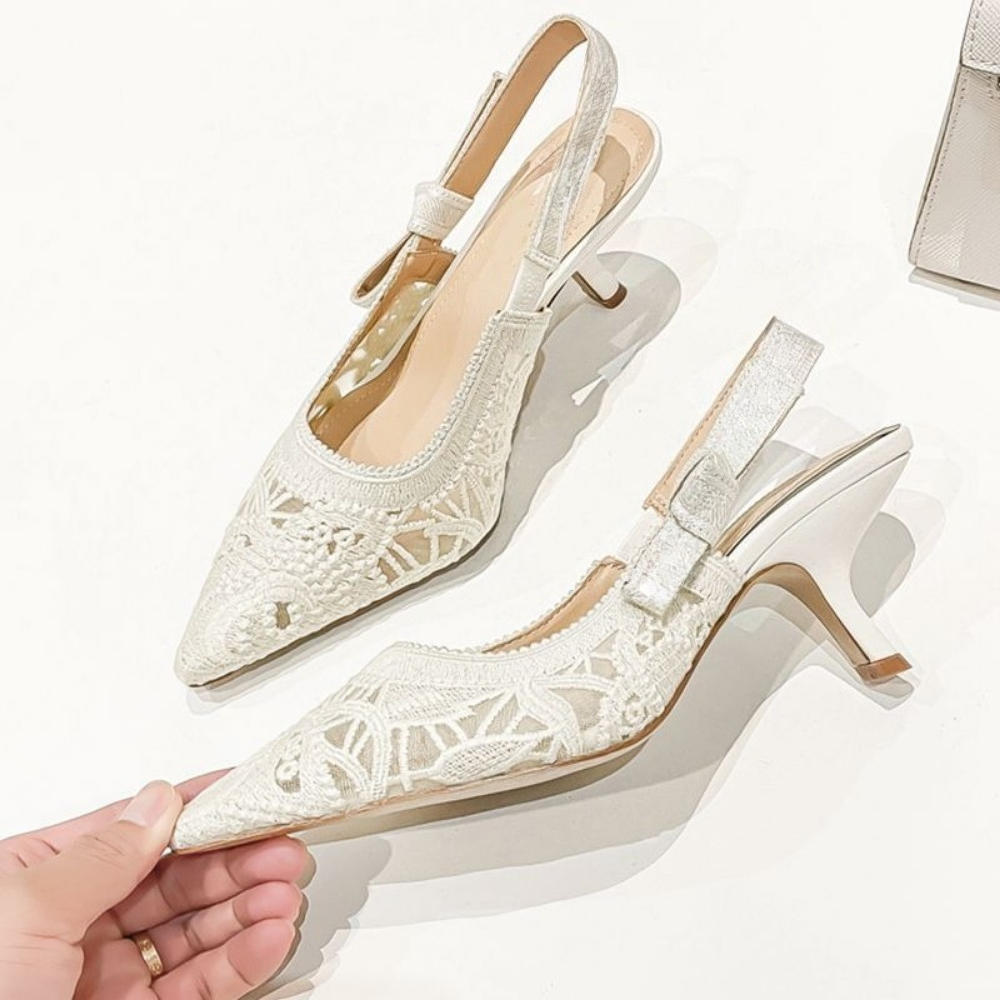 Embroidery White - Genuine Leather High Heel Sandals Fabric