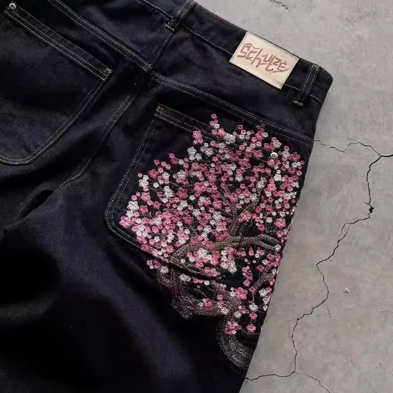 Y2K Mens Womens Harajuku Hip H - огляд і ціна Embroidery Jeans Sakura