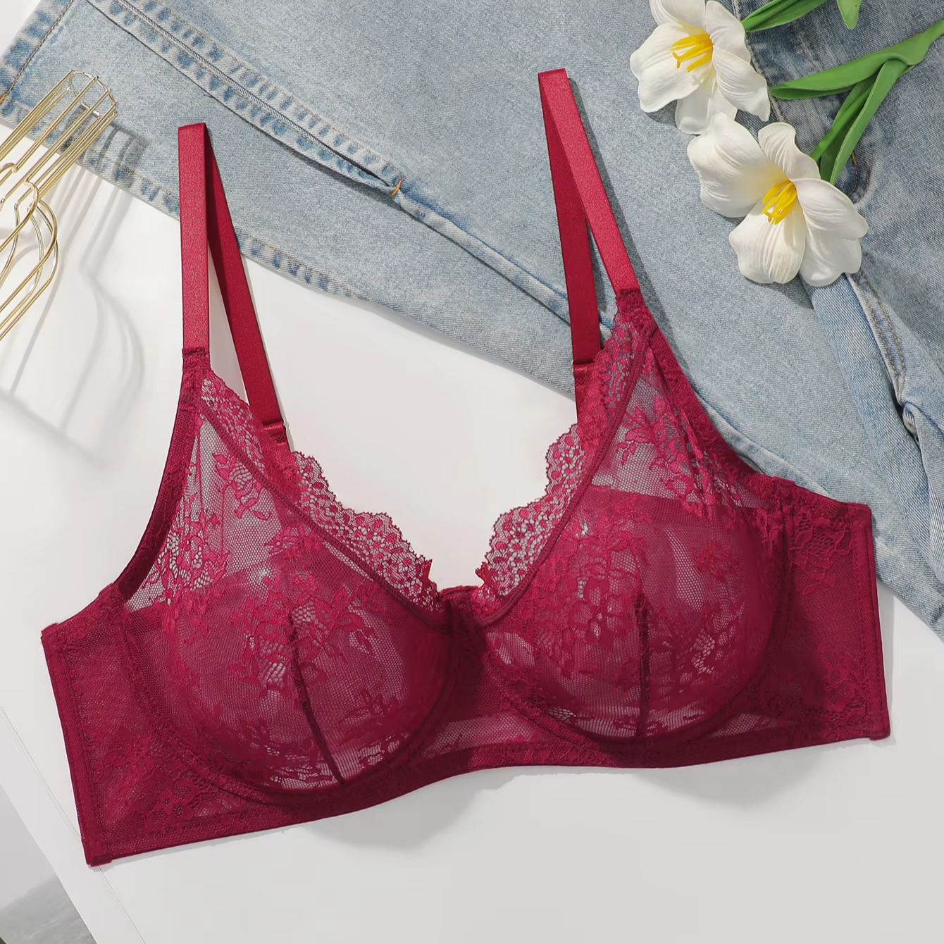 Women Plus Size Red Lace Sheer - огляд і ціна Embroidery Lace
