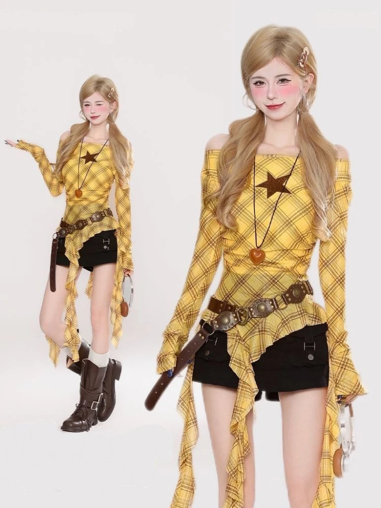 Y2K Plaid Slash Neck Vintage T - огляд і ціна Embroidery Shirt