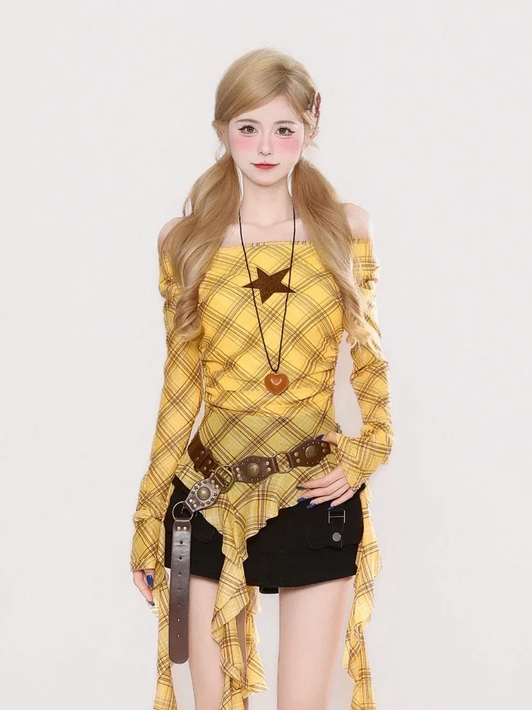 Y2K Plaid Slash Neck Vintage T - огляд і ціна Embroidery Shirt