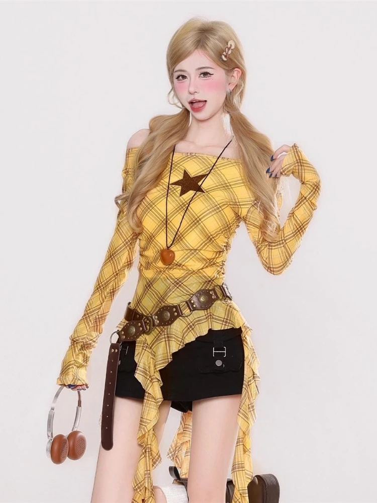 Y2K Plaid Slash Neck Vintage T - огляд і ціна Embroidery Shirt