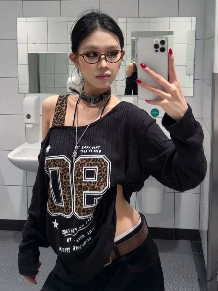 Y2K Patchwork Leopard Print T- - огляд і ціна Embroidery Shirt