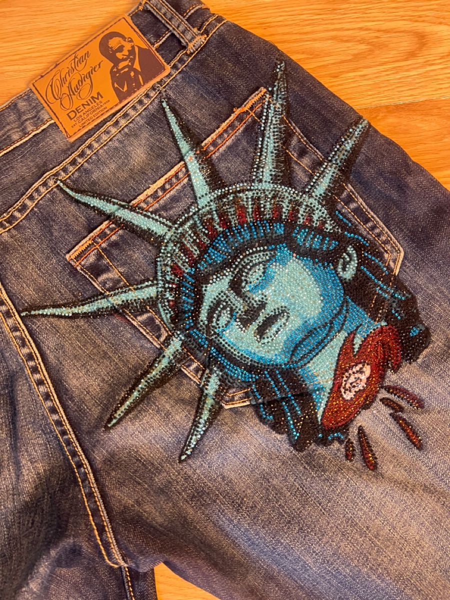 Y2k 2000s Statue of Liberty Di - огляд і ціна Embroidery Jeans Sakura