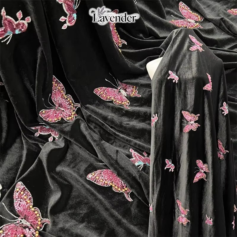 Black soft velvet fabric with  - огляд і ціна Velvet Fabric Embroidery