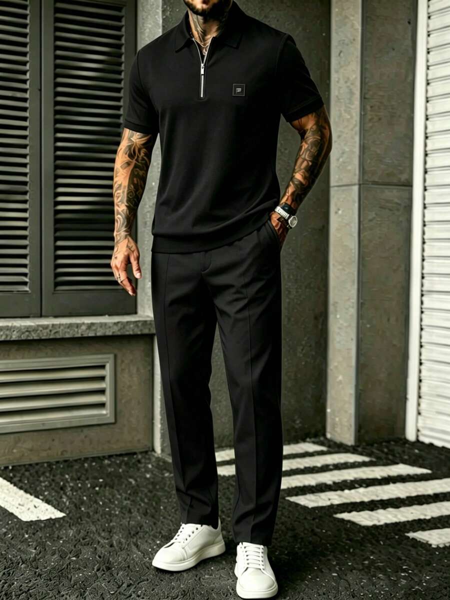 Mens Black Quarter-Sleeve Zip- - огляд і ціна Embroidery Shirt